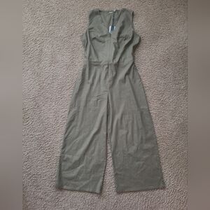 Tahari Olive Sleeveless Wide-Leg Linen Jumpsuit